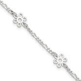 Sterling Silver Figaro Chain/Flowers 5-Station 9 inch Plus 1 inch Extender - Total 10 inch Anklet